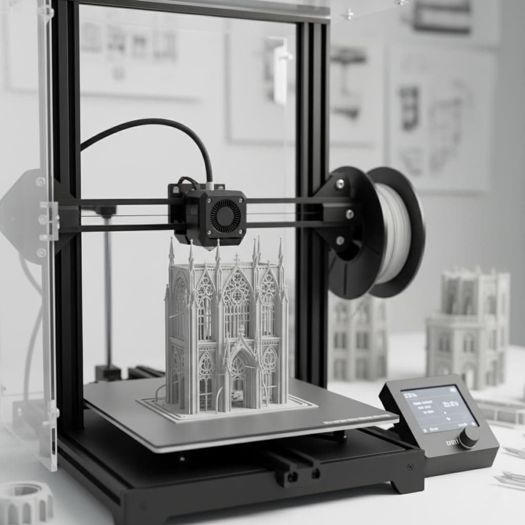 3D printer creating an intricate facade component